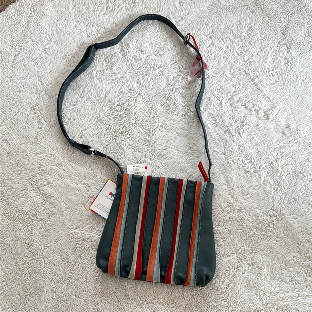 Striped Leather Crossbody Bag in Teal, Rust & Red
